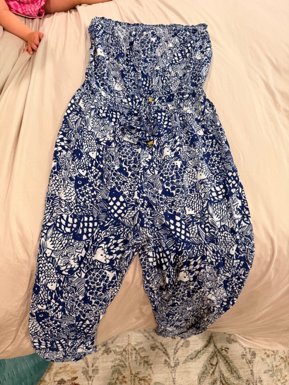Lilly Pulitzer Navy and White Strapless Printed Jumpsuit